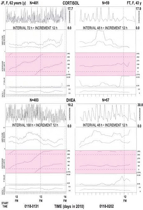 Societally desynchronized (left) or synchronized (right) salivary circadian rhythms in two magnetolabile women Societally desynchronized or synchronized salivary circadian rhythms in two magnetolabile women